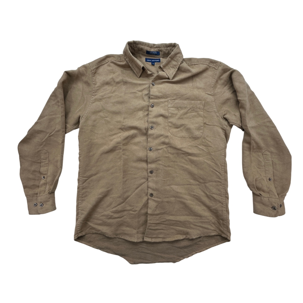 John Ashford Shirt Mens Medium Tan Button Up Long Sleeve Sueded Poly Casual